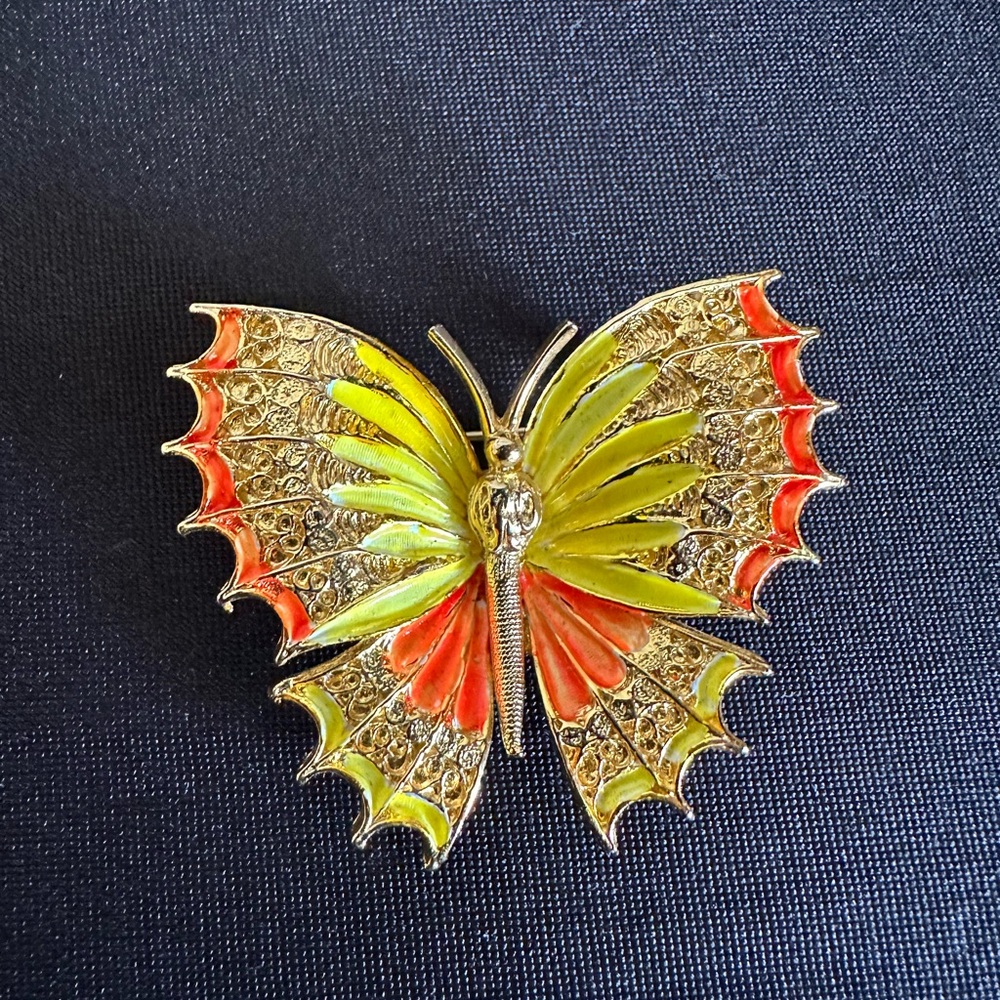 Vintage ART Arthur Pepper Yellow & Orange Enameled Butterfly Brooch